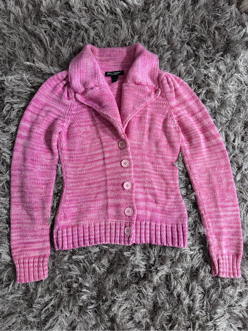 Betsey Johnson, VINTAGE PINK and white button down sweater. Woman’s size small